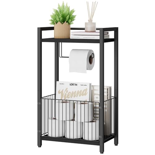 IBUYKE Porta carta igienica autoportante con ripiano portaoggetti, dispenser per rotolo di carta igienica da bagno con spazio extra per rotoli, riviste, salviette umidificate nero TLJ020B