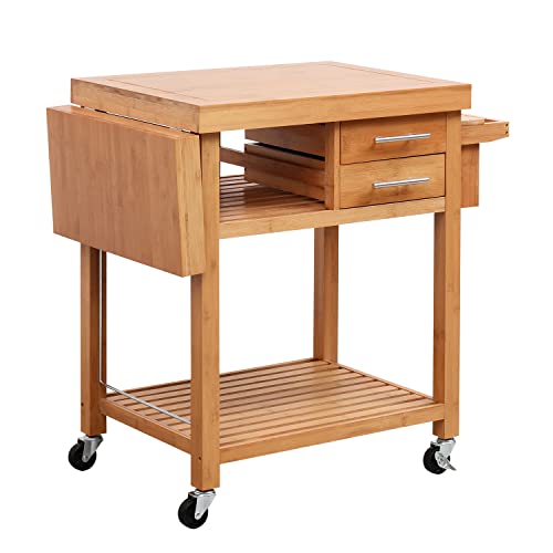 Erommy Rolling Bamboo Wood Kitchen Island Cart, Multi-Purpose Kitchen Trolley Cart On Wheels, Kitchen Cart With Drawers, Folding Wooden Countertop, Open Storage Shelves, Towel Rack, Locking Casters #TOP6