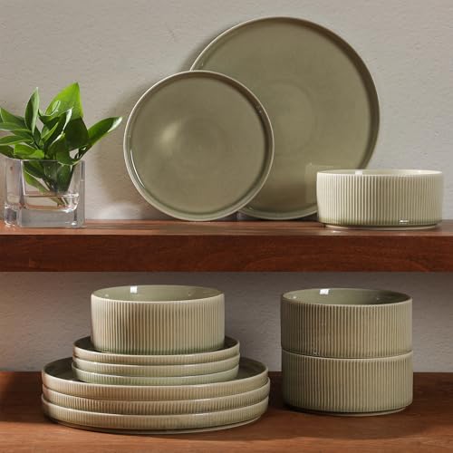 Image of Gibson Elite Solana Coast 12 Piece Stoneware Reactive Glaze (Service for 4) Ceramic Plates and Bowls Modern Shape Embossed Dinnerware Set - Green