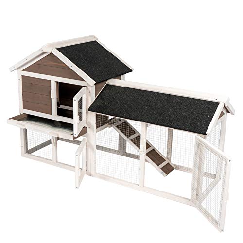 Kinpaw 53” Rabbit Hutch Bunny Cage Outdoor Chicken Coop Backyard Small Animal House Poultry for Guinea Pig Duck with Removable Tray & Ramp Coffee