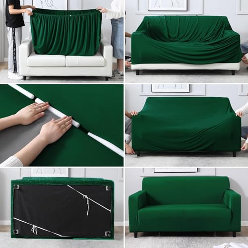 Image of HOKIPO Printed 5 Seater Fully Covered Sofa Cover in 3 Seater and 2 Seater Configuration, Bottle Green (NEW-AR-4278-E25 + AR-4279-E25)