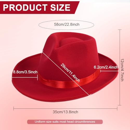 Schwarzer Fedora-Hut mit breiter Krempe und Satinband, Panamahut, Rancher-Hut für Damen und Herren, rot, Einheitsgröße