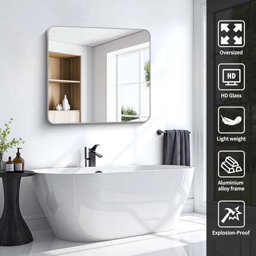 Image of 36x40 Inch Silver Bathroom Mirror, Metal Framed Silver Rectangle Mirrors, Rounded Rectangular Vanity Mirror, Wall Mounted Mirrors for Living Room Bedroom Entryway Hangs Horizontal or Vertical