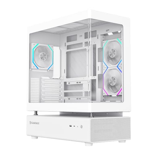 GAMEMAX N80 WH Gabinete PC ATX Mid Tower, Panel de Vidrio panorámico de 270° en el Frente y el Lateral, 6 Ventiladores ARGB PWM de 120 mm preinstalados, USB-C Gen2, Soporte BTF y GPU vertica (Blanco)