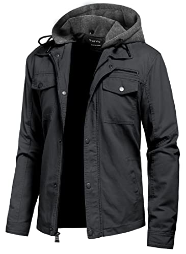 Pursky Men's Canvas Cotton Military Jacket Hooded Essential Lightweight Bomber Windbreaker M Grey