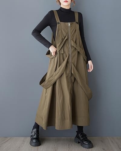 ellazhu Women's Pants Tank Zip Up Solid Two Side Pockets Flowy Hem Casual Loose Oversize GZ3883