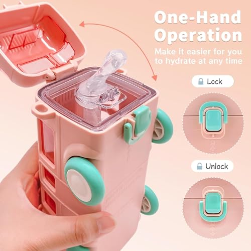 Image of Bus Water Bottle for Kids with Strap, Sipper, and Straw Leakproof, Tritan Water Bottle for School Kids 500ml - for Girls and Boys (Pink)