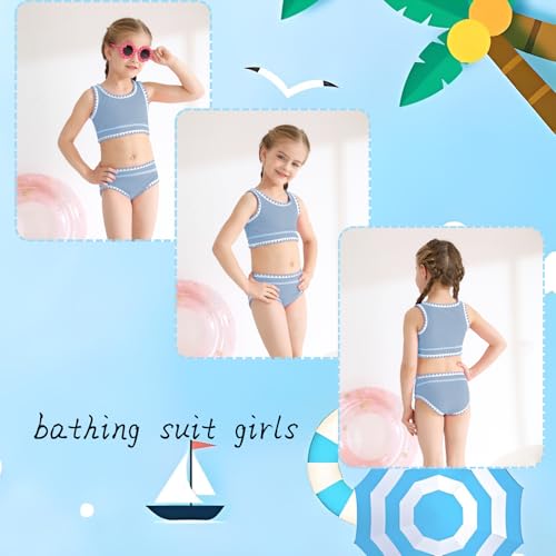 Image of Girls Bathing Suit Toddler Swimsuits 2 Piece Bikini Sets Round Neck Colorful Lace Teen Girls Swimwear 3-14T