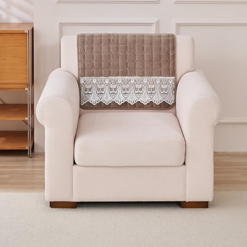 Image of HOKIPO 'BelleLace Series' Imperial Milk Velvet Anti-Slip Sofa Backrest Covers with Lace | 1 Pc - Mocha Brown (AR-6311-BRN*1S)