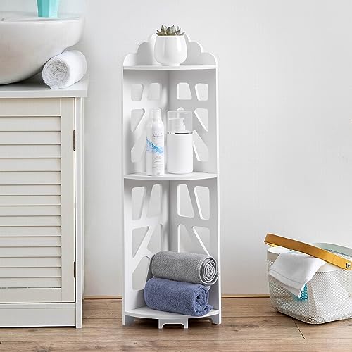 J JINXIAMU, 3-Shelf Corner Shelf Stand: Small Bathroom Organizer, Forests Style, White, Waterproof, 31.5H x 10.8W x 7.3D inches, JXM2022-WH — view 4