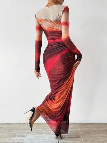 Image of Women's Tie Dye Long Sleeve Maxi Dress Mesh Bodycon Ruched Night Out Formal Cocktail Long Dress for Wedding Guest Party