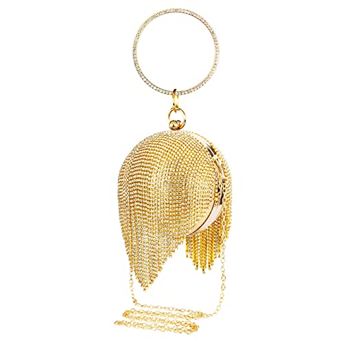 vrouwen ronde bal kristal kwastje avond clutch portemonnee, strass dame partij bruiloft crossbody schouder ring handvat handtas (goud)