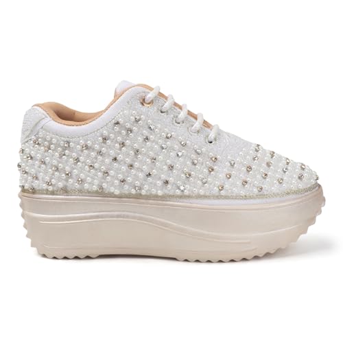 Image of Vendoz Women Hand Embroidery Wedding Party Bridal Floral High Heel Sneakers I Cushioned Insole I Comfortable Wear Wedge Shoes I for Ladies and Girls