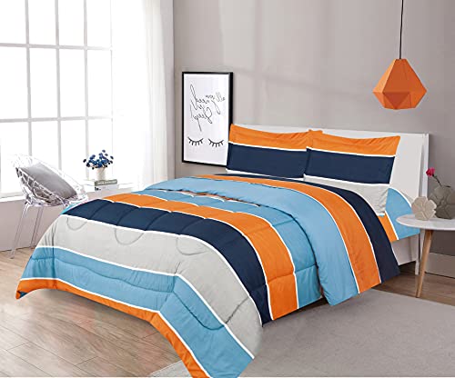 Sapphire Home 3 Piece Queen Size Comforter Set Bed in Bag with Shams, Blue Orange Gray Stripes Print Multicolor Boys Kids Girls Teens Bedding, (3pc, QN, Navy/Orange)