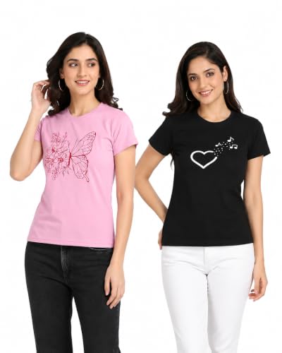 Image of Women Cotton Printed T-Shirt Combo Pack of 2 | Regular Fit Half Sleeve Round Neck Graphic Tees for Girls & Ladies | Women's Western Tops | Cute Trendy Print Summer Fashion T-Shirts
