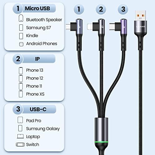 66 W Multi USB Cable, 3 in 1 Multi Charging Cable Fast Charging Cable 1.2 m with iP/Micro/USB Type C, 90 Degree Nylon Multiple Universal Charging Cable, for iP, Samsung, Huawei, Xiaomi, Laptop Tablet