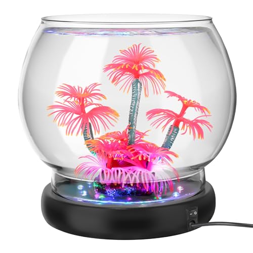 hygger 0.5 Gallon/1 Gallon Glass Fish Bowl with LED Light and Decor, Small Round Betta Fish Tank Goldfish Bowl, Round Clear Unbreakable Aquarium/Vase/Hydroponic Plant Terrarium, Nice Centerpieces