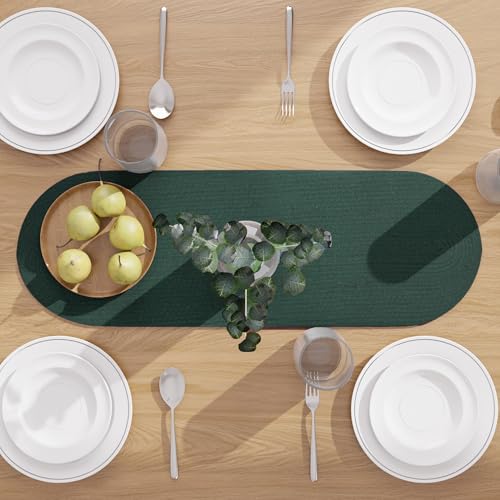 Image of Encasa XO Table Runner for 4 Seater | Handmade Ribbed Style Cotton | 30x91 cm | Dark Green | for Dining & Center Table