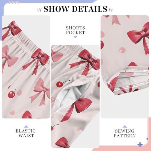 Pajama Pants Lounge Sleep PJ Bottoms Sleepwear Elastic Waist Drawstring S Bow Cherry4