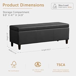 HUIMO Faux Leather Storage Ottoman Bench 503 Inch Extra Long PU Upholstered Bedroom Bench with Large Storage Space for The Living Room Entryway Bedroom Hold Up to 300lbs Black