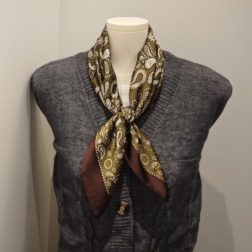 GIMIRO Foulard en Soie Polyester, 70 x 70 cm, Motifs Géométriques et Floraux, Style Élégant, Olive et Marron, Bandana pour Femmes (Olive Green Coffee Beige PSL) – vue 3