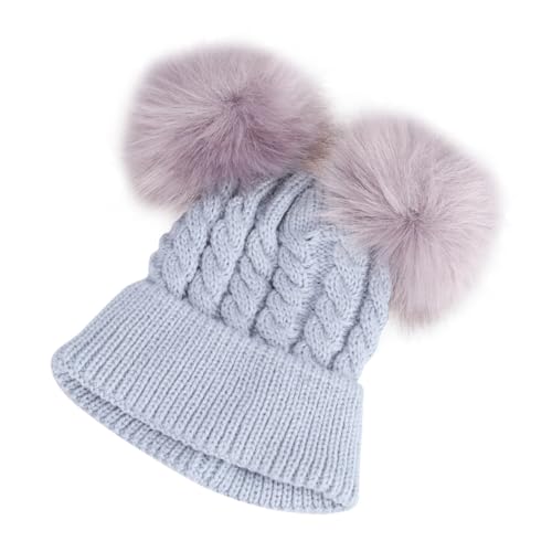 Boys and Girls Twisted Knit Hat Double Hairballs Adorable Beanie for Warmth and Style Grey