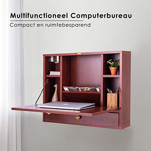 COSTWAY Wandgemonteerde tafel, opvouwbaar laptopbureau, multifunctionele kast met opbergvak en -lade, wand ophangende schrijftafel, compacte houten laptoptafel, zwevende wandbureau, computerbureau voor thuiskantoor (Bruin) - Afbeelding 5