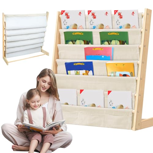 OHMG - Mueble de almacenamiento infantil de 6 niveles, estantería de pared, estantería de libros y muebles para dormitorio de bebe, bibliotecas infantiles con bolsillo, madera natural