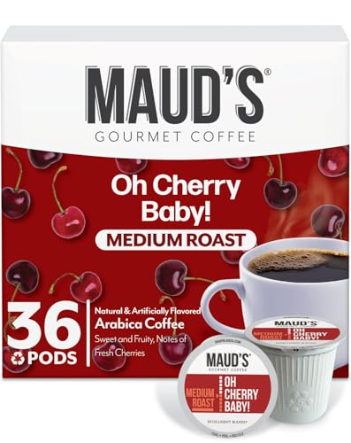 Image of Maud's Cherry Flavored Medium Roast Coffee Pods, 36ct | Medium Roast Flavored Coffee in Single Serve Pods - Compatible with Keurig Coffee Makers