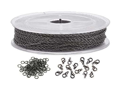 MAHAVIMOKSA 1 Roll 40Ft 2x1.4mm Cable Link Twist-lint Chain with Lobster Clasps Jump Rings for Necklace Earrings Bracelets Jewelry Making Art Craft (Gun Metal)