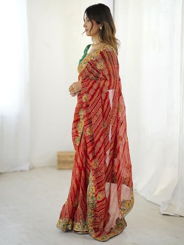 Image of Satrani Women's Georgette Bandhani Printed Embroidered gota lace Saree with Unstitched Blouse Piece