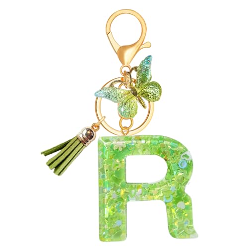 TRAVELKNOT Llavero Letra Inicial Alfabeto Mujer Borla Mariposa Colgante Niña Personalizado Encanto Monedero Bolsos Verde
