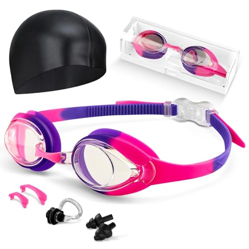 Image of Kids Swim Goggles, Anti-fog and UV Protection with Swim Cap for Age 3-15 Youth Boys Girls Toddler