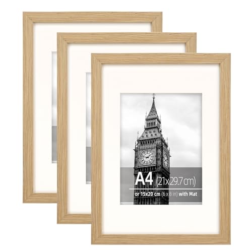 Eitida Lot de 3 Cadres Photo Droits Modernes A4 (21 x 29,7 cm) Grain de Bois Texturé Chêne Naturel - Avec Passe-Partout Pour 15 x 20 cm - Dessus de Table ou Décoration Murale