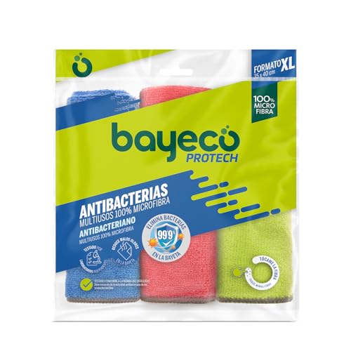 Bayeco - Bayeta Copptech Antibacterias - 100% Microfibra - Tecnología que elimina 99,9% de bacterias - Tres colores - Máxima limpieza solo con agua - Pack Multiusos 3 unidades