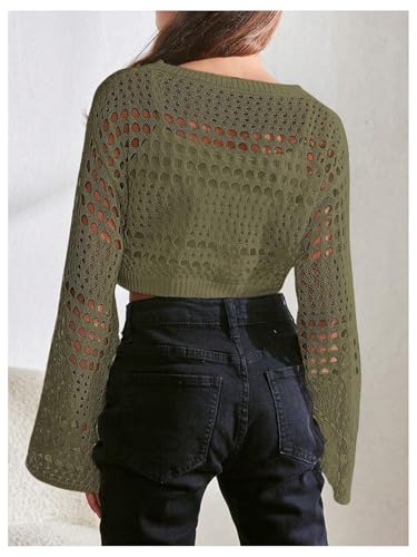 Image of RoseSeek Girl's Hollow Out Knitted Crop Sweater Long Sleeve Crew Neck Drop Shoulder Sheer Pullovers Knitwear
