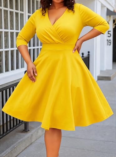 Image of Womens Plus Size Dresses Faux Wrap Summer Dress 3 /4 Sleeves V Neck 1950s Retro Vintage Wedding Party Midi Dress