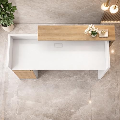 Image of Modern White Reception Desk for Office, Salon, Clinic | Luxury Front Reception Counter Table with Storage | Particle Board & Particle Board Reception Table - (RCT-034 LPB L8W2)