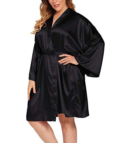 Women's Plus Size Satin Robes Short Silky Kimono Bathrobes Plus Bridesmaid Robes Dressing Gown,Black,3X