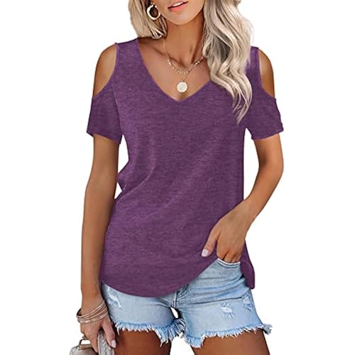 Amoretu Womens Short Sleeve Cold Shoulder Basic Tee Tops Shirts