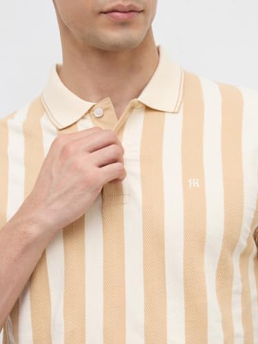 Image of Raymond Men Modern Fit Stripe Pattern Pure Cotton Polo Neck Half Sleeve Casual T-Shirt