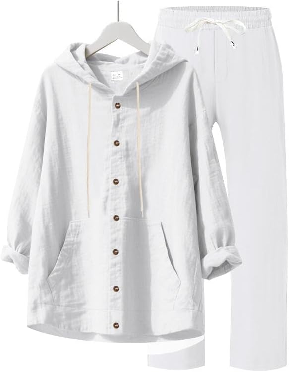 Men's 2 Pieces Cotton Linen Set Casual Long Sleeve Henley Shirts Beach Yoga Pants Summer Outfits - Image 7