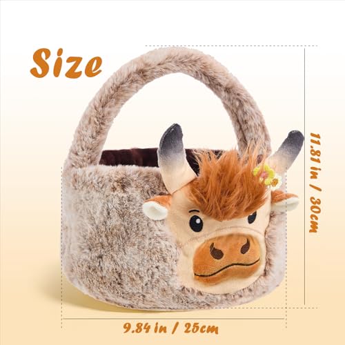 Image of Easter Basket, Soft Highland Cow Plush Baskets, Easter Egg Hunt Buckets, Easter Decorations Indoor Outdoor, Cute Easter Gifts