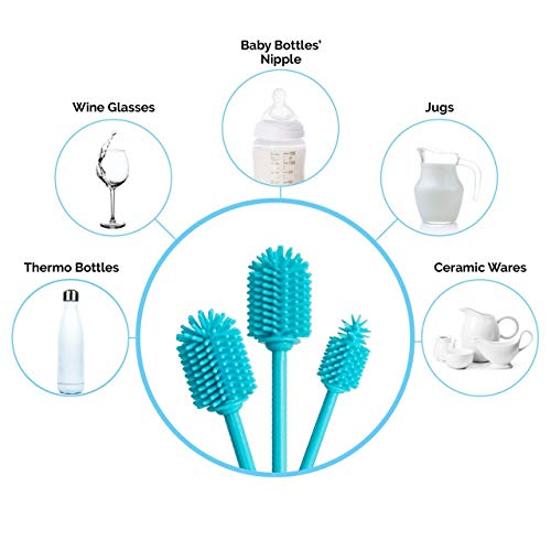 Silicone Bottle Brush Set of 3 Extra Long Handle Bottle Cleaning Brushes Ideal for Narrow Neck Containers, Vases, Water Bottles, Thermos, Hydro Flasks, Coffee Mugs, Tumblers, Baby Bottle Brush