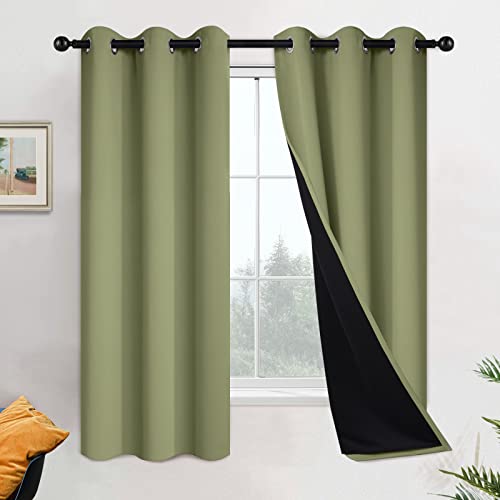 Image of Yakamok Sage Blackout Curtains 63 Inches Long for Bedroom 42 inch Wide 2 Panel | Blackout Curtain Panels for Bedroom, 2 Thick Layers Grommet Top Thermal Insulated Drapes with Black Liner for Living Room