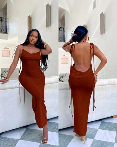 Image of Doweha Women Backless Cowl Neck Cocktail Going Out Dress Halter Slip Long Semi Formal Party 2026 Spring Summer Maxi Dress