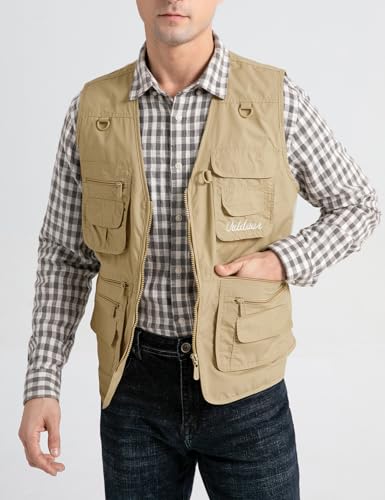 Vanchenl Herren Utility Weste Safari Reise Cargo Outdoor Arbeit Leichtes Foto Schießen Weste mit Taschen Khaki XL