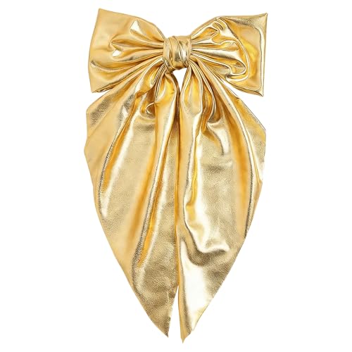 JazSwirl Gold Hair Bow Clip 11.8 5.7 Large Shiny Faux Leather Hair Bow for Women Oversized Gold Bows Hair Clip Cute Statement Accessory for Party or Everyday Wear