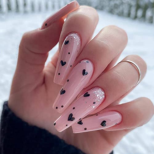 Vaveah 24 Pcs Press on Nails Coffin for Women, Extra Long Fake Nails Glue on Nails, False Nails with Glue (Pink Mixed Heart)