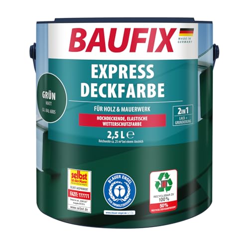 BAUFIX Express Deckfarbe grün, matt, 2.5 Liter, Wetterschutzfarbe, Holzfarbe, langlebig, geeignet für Holz/Putz/Mauerwerk/Möbel/Zäune